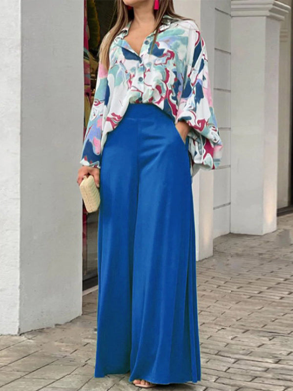 Ensemble deux pièces : blouse à couleurs contrastées + pantalon large uni