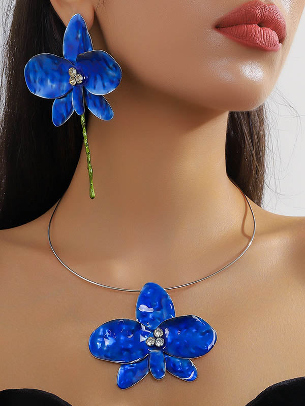 Parure collier et boucles d'oreilles brillante en forme de fleur, à empiècements