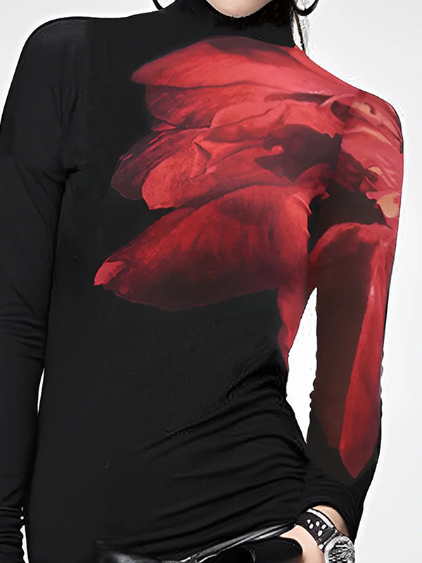 T-shirt asymétrique imprimé à manches longues, coupe près du corps, à empiècements, à col haut
