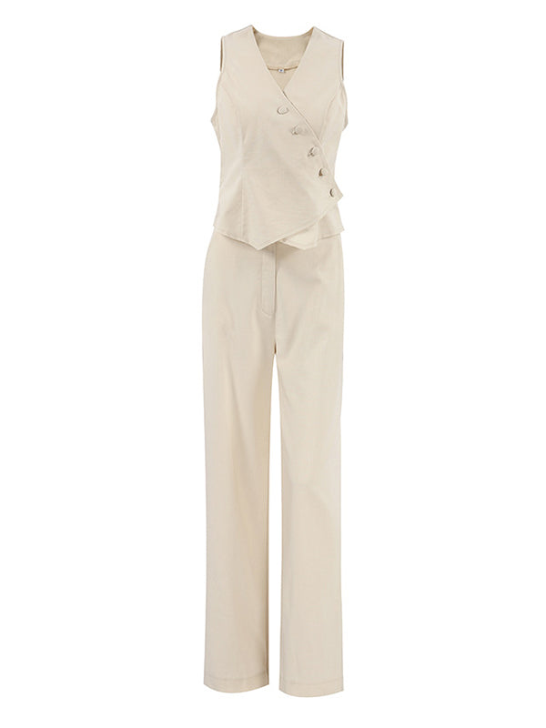 Couleur unie sans manches asymétrique fendue col en v gilet hauts + pantalon droit costumes deux pièces ensemble