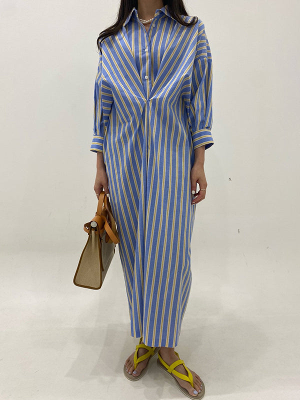 Robe chemise ample boutonnée rayée à manches longues, à poches, à col revers, couleur contrastée