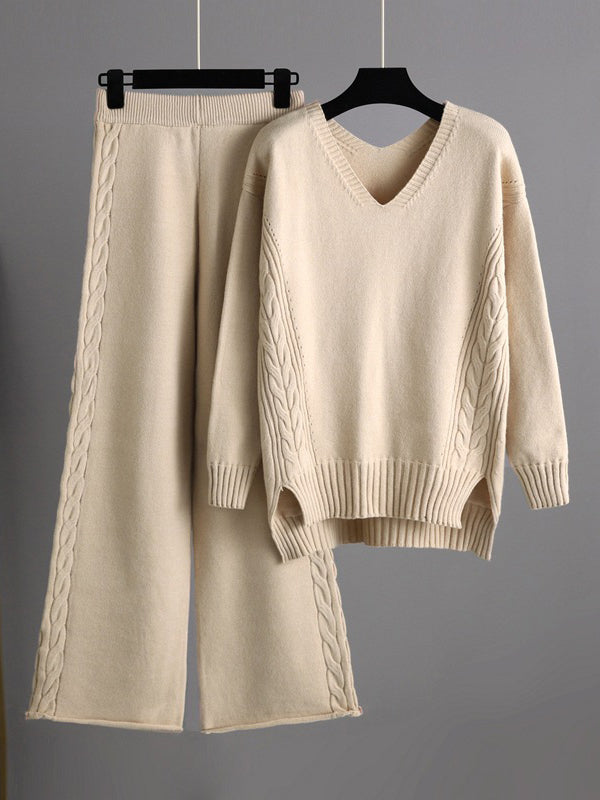 Ensemble deux pièces élégant ample à manches longues, à col en V, à jambes larges, couleur unie – pull + pantalon