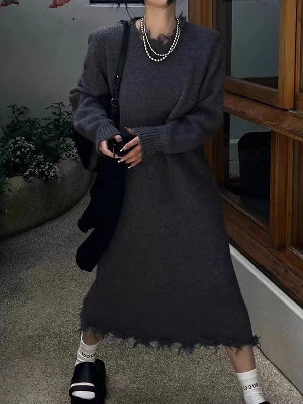 Robe pull taille haute, à manches longues, à franges, à col rond, couleur unie