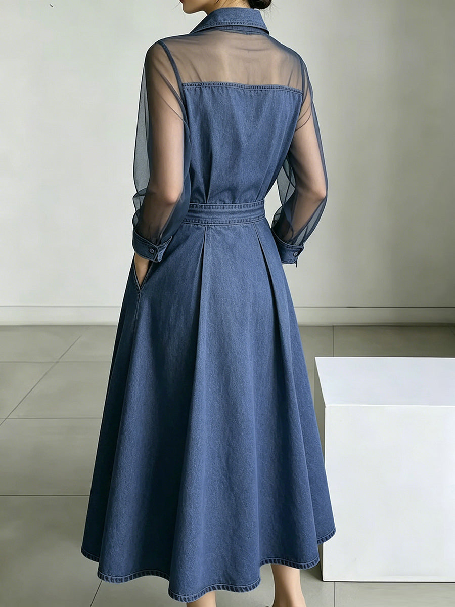 Robe longue boutonnée transparente coupe trapèze, taille haute, à poches, à empiècements, à col revers, couleur unie