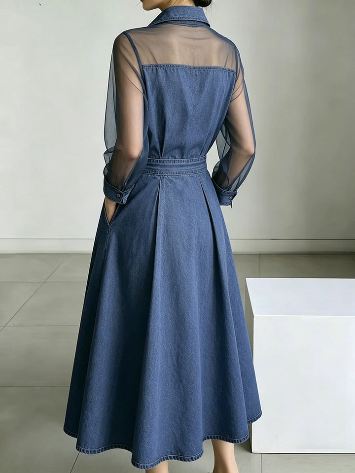 Robe longue boutonnée transparente coupe trapèze, taille haute, à poches, à empiècements, à col revers, couleur unie