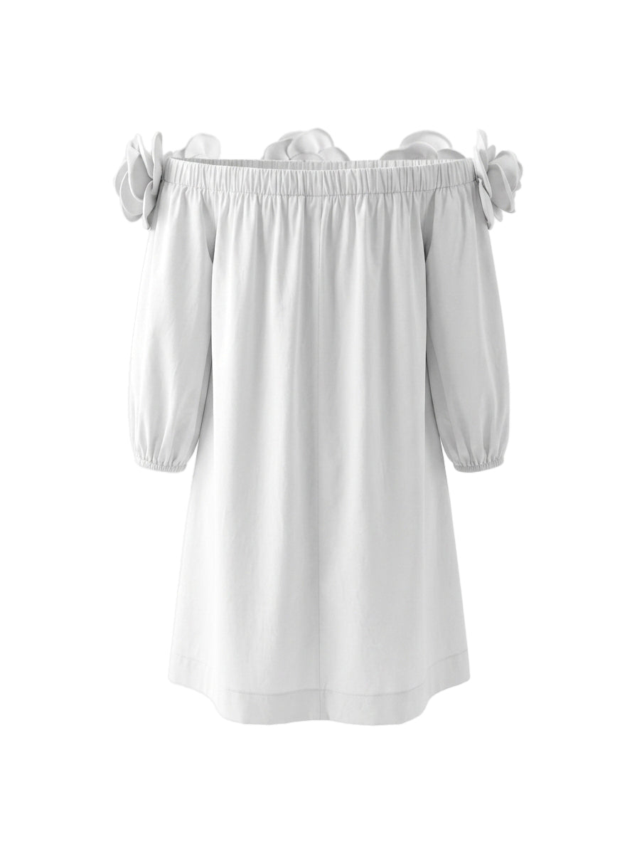 Robe courte ample à manches mi-longues, à poches, à fleurs en 3D, à épaules dénudées, couleur unie