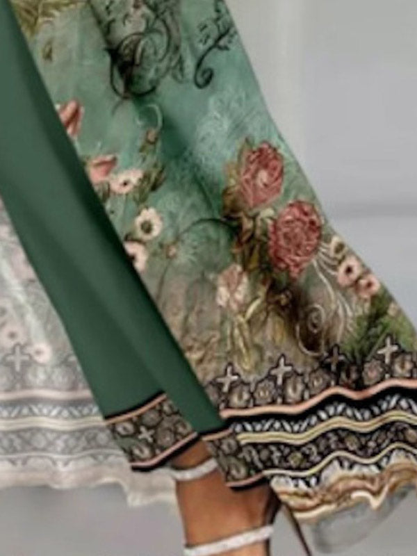 Ensemble deux pièces ample fendu sur le côté à manches longues, à imprimé floral, à col rond – t-shirt + haut + pantalon