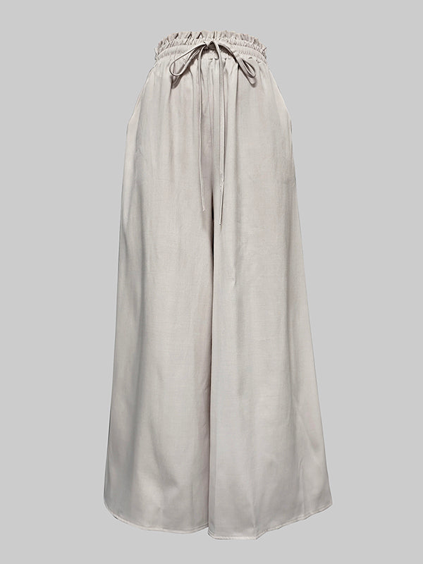Pantalon ample décontracté à jambes larges, à cordon de serrage, couleur unie
