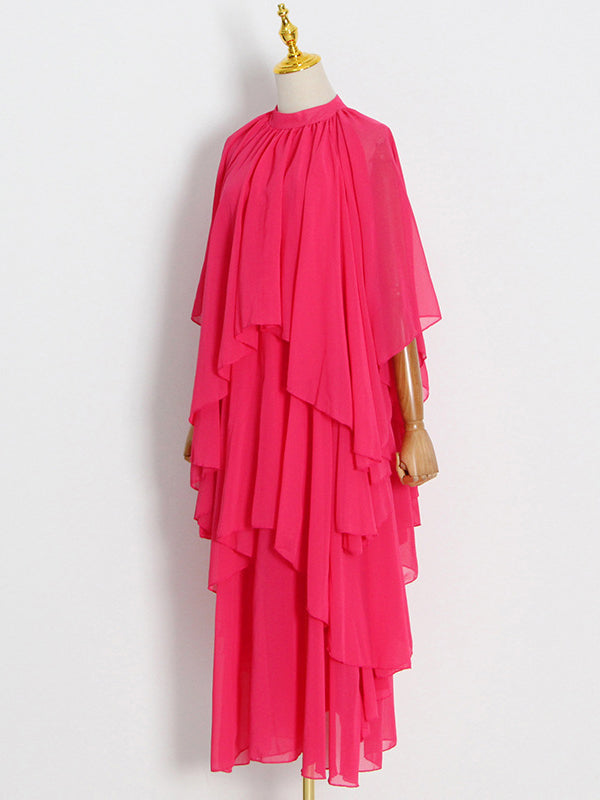 Robe longue ample à manches raglan, à volants étagés, à col montant, couleur unie