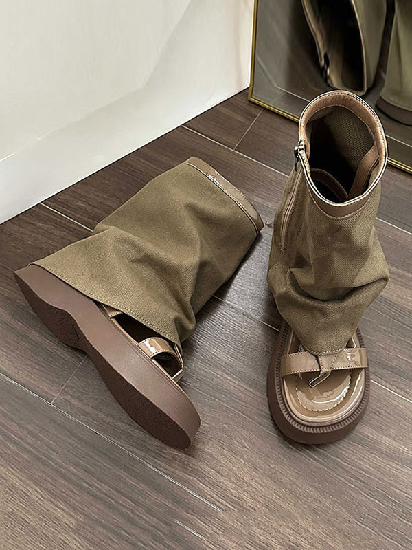Bottes à fermeture éclair creuses à empiècements et à bout fendu, chaussures à plateforme, sandales