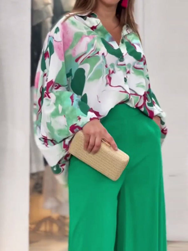 Ensemble deux pièces : blouse à couleurs contrastées + pantalon large uni