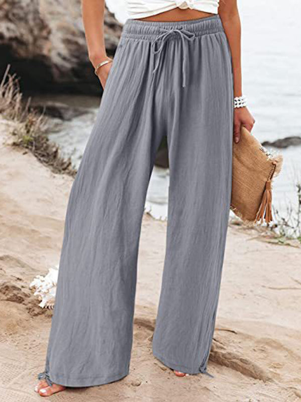 Pantalon ample à jambes larges, à cordon de serrage, à taille élastique, couleur unie