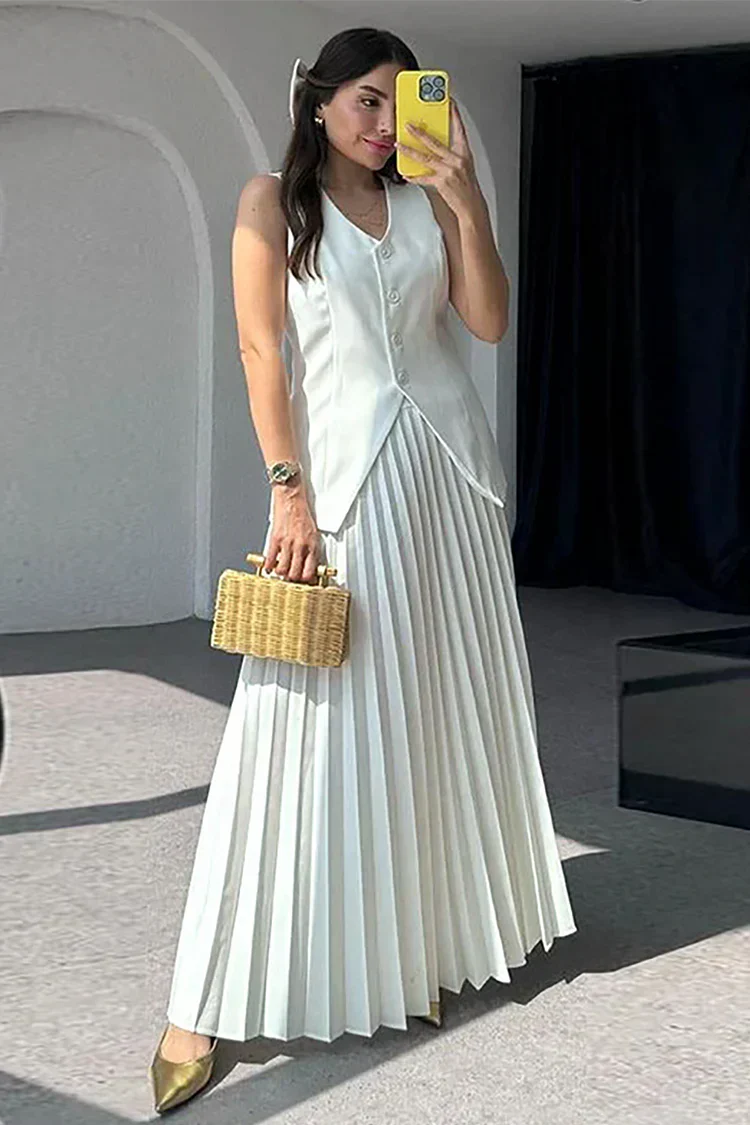 Ensemble top sans manches et jupe plissée pour femmes avec décolleté en V et patte de boutonnage