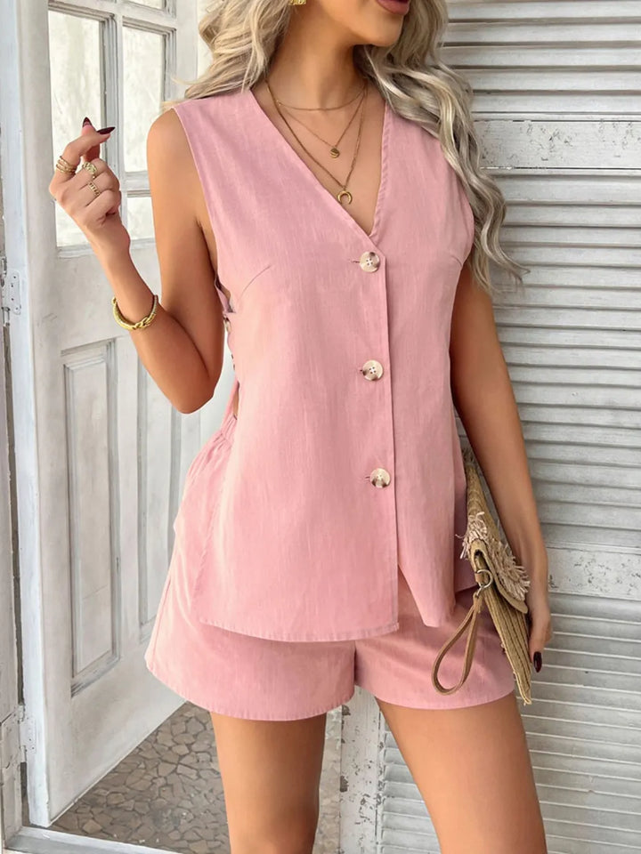Ensemble sans manches pour femmes, haut et short avec décolleté en V et patte de boutonnage