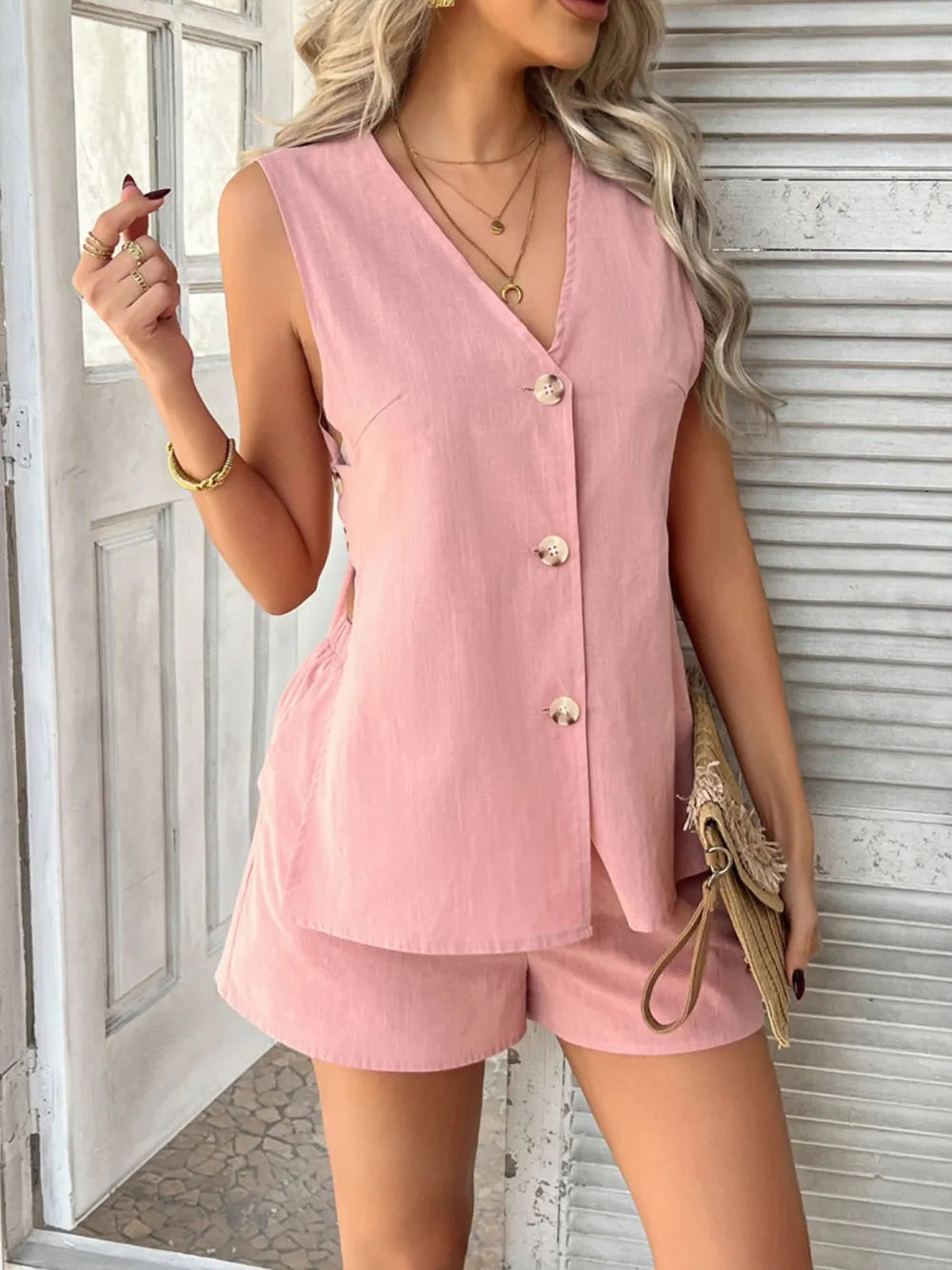 Ensemble sans manches pour femmes, haut et short avec décolleté en V et patte de boutonnage