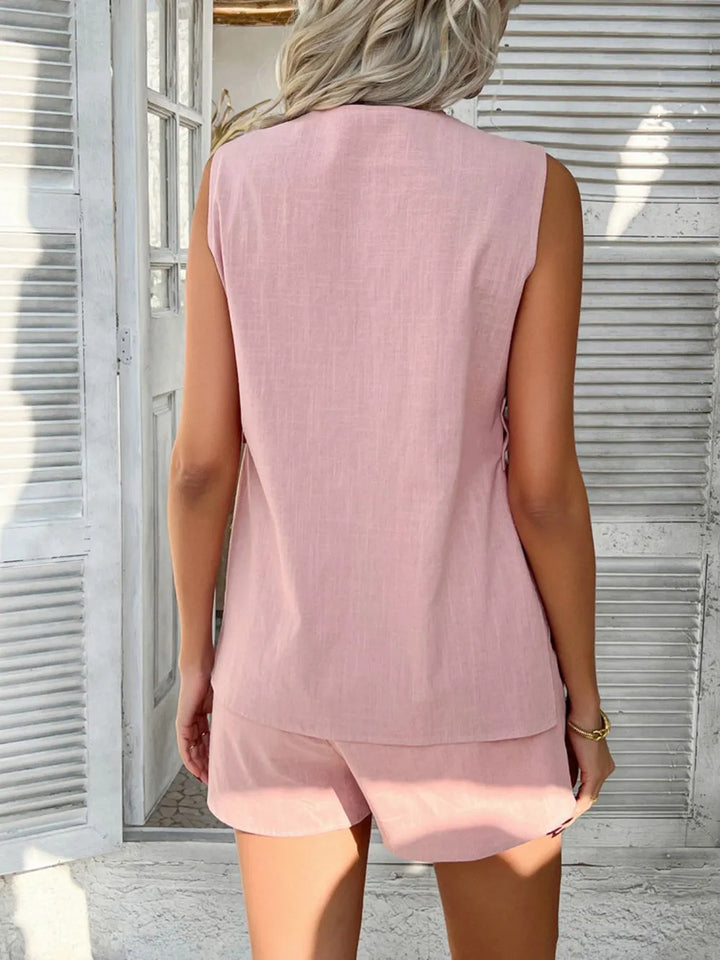 Ensemble sans manches pour femmes, haut et short avec décolleté en V et patte de boutonnage