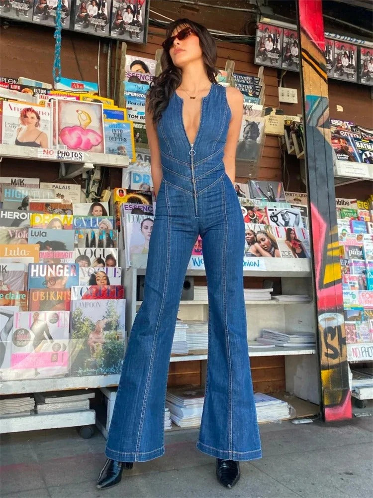 Combinaison sans manches pour femmes avec décolleté en V et jambes larges