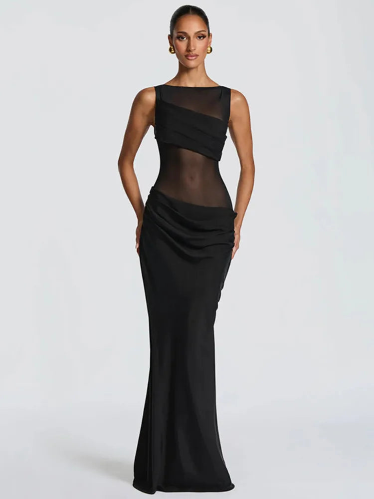 Robe maxi sans manches pour femmes avec décolleté bateau et insert en mesh transparent avec zone de taille drapée