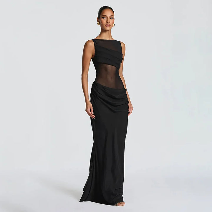 Robe maxi sans manches pour femmes avec décolleté bateau et insert en mesh transparent avec zone de taille drapée