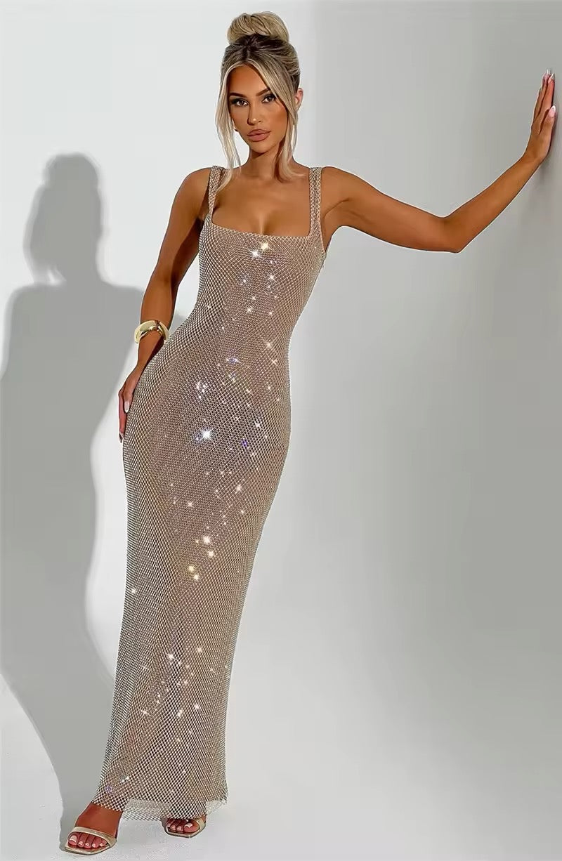 Robe maxi sans manches pour femmes avec décolleté carré et structure en maille scintillante