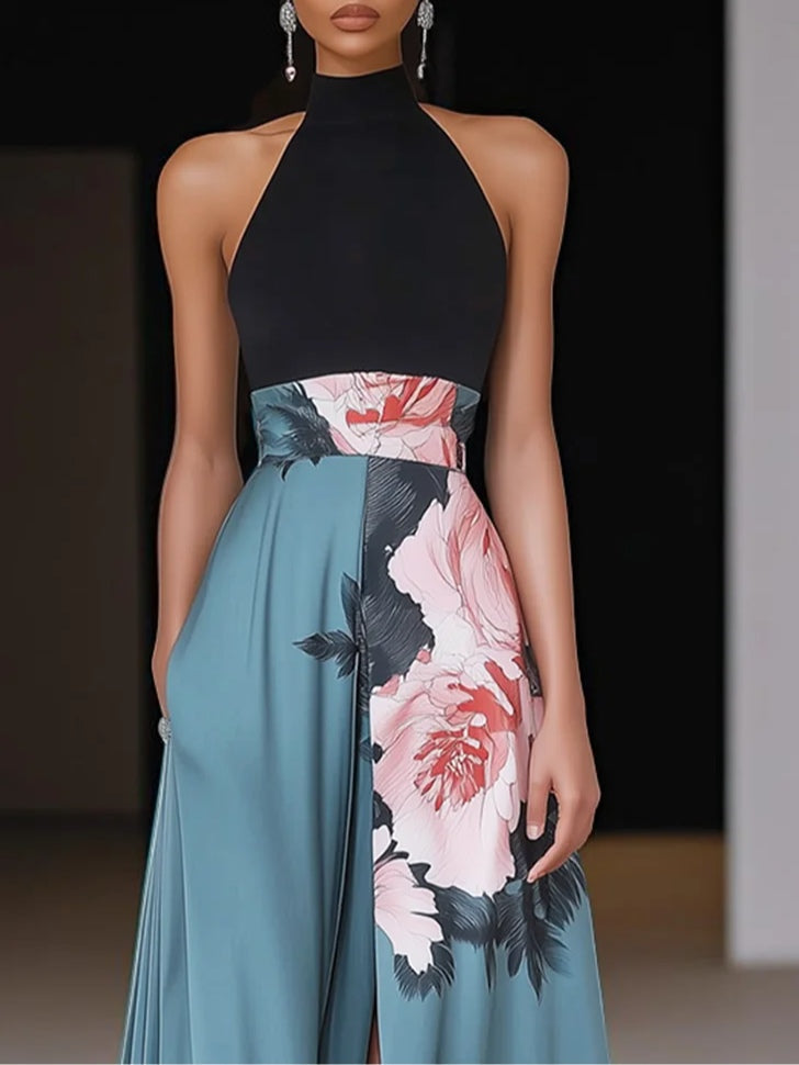 Robe maxi sans manches pour femmes avec col halter et motif floral avec fente latérale