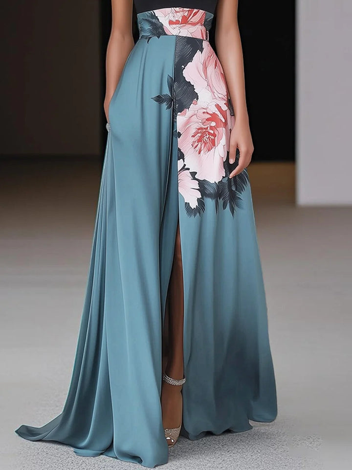 Robe maxi sans manches pour femmes avec col halter et motif floral avec fente latérale