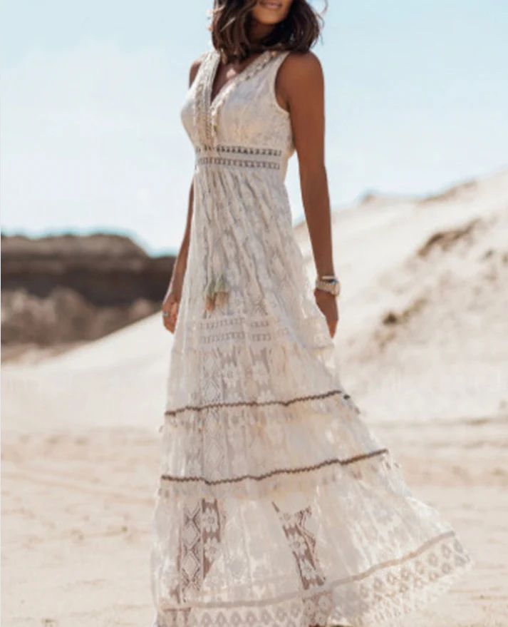 Robe maxi sans manches pour femmes avec motif en dentelle et décolleté en V et inserts en crochet