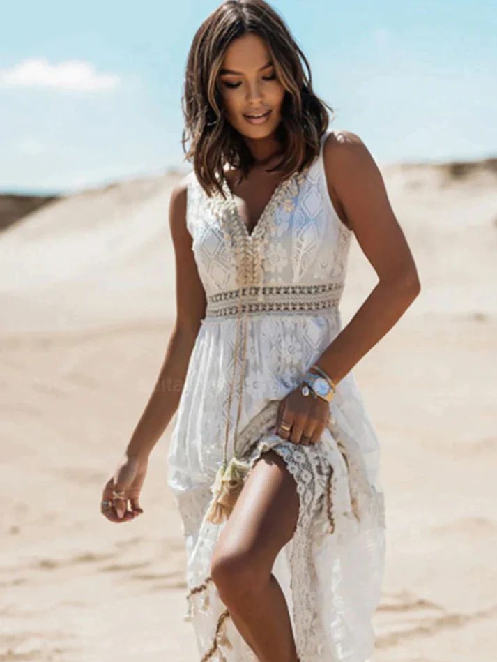 Robe maxi sans manches pour femmes avec motif en dentelle et décolleté en V et inserts en crochet