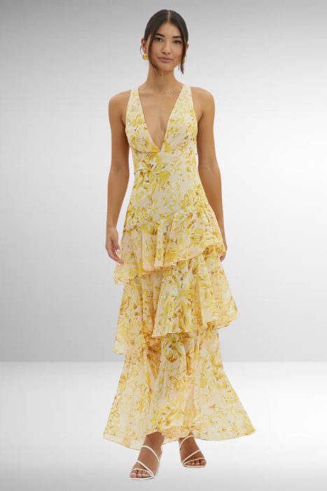Robe Maxi Sans Manches pour Femmes avec Décolleté V Profond, Volants et Bretelles Croisées au Dos
