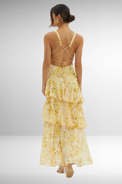 Robe Maxi Sans Manches pour Femmes avec Décolleté V Profond, Volants et Bretelles Croisées au Dos