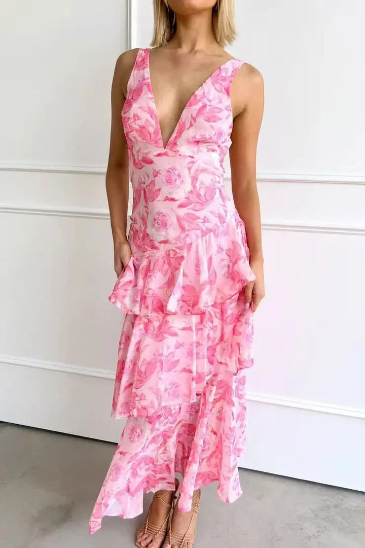 Robe Maxi Sans Manches pour Femmes avec Décolleté V Profond, Volants et Bretelles Croisées au Dos