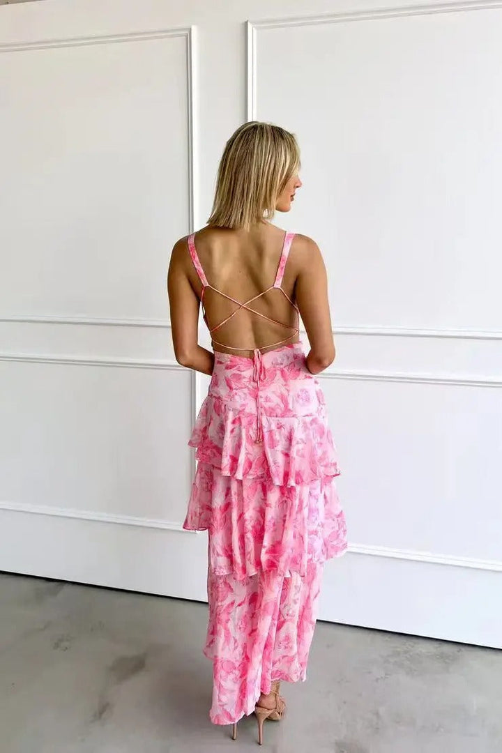 Robe Maxi Sans Manches pour Femmes avec Décolleté V Profond, Volants et Bretelles Croisées au Dos