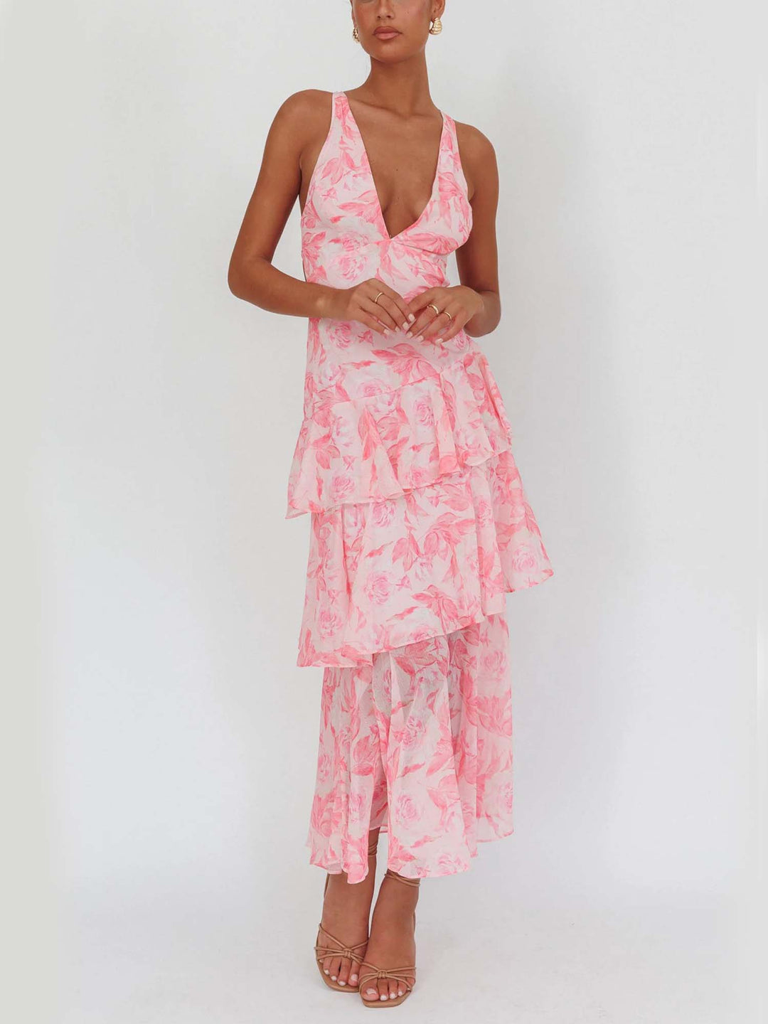 Robe Maxi Sans Manches pour Femmes avec Décolleté V Profond, Volants et Bretelles Croisées au Dos