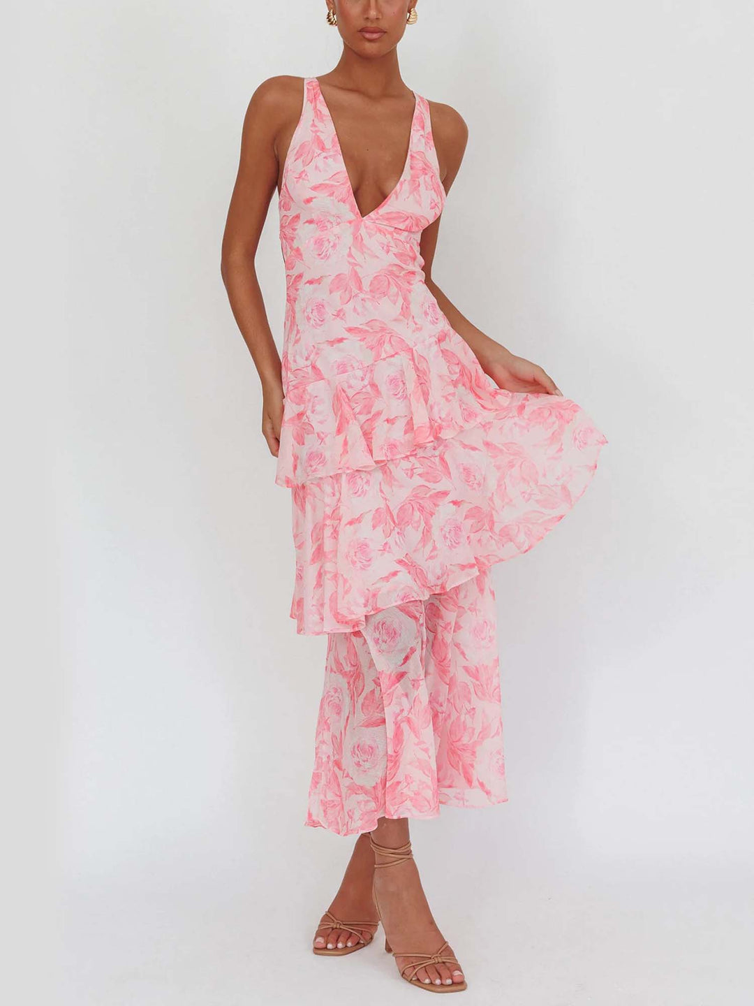 Robe Maxi Sans Manches pour Femmes avec Décolleté V Profond, Volants et Bretelles Croisées au Dos
