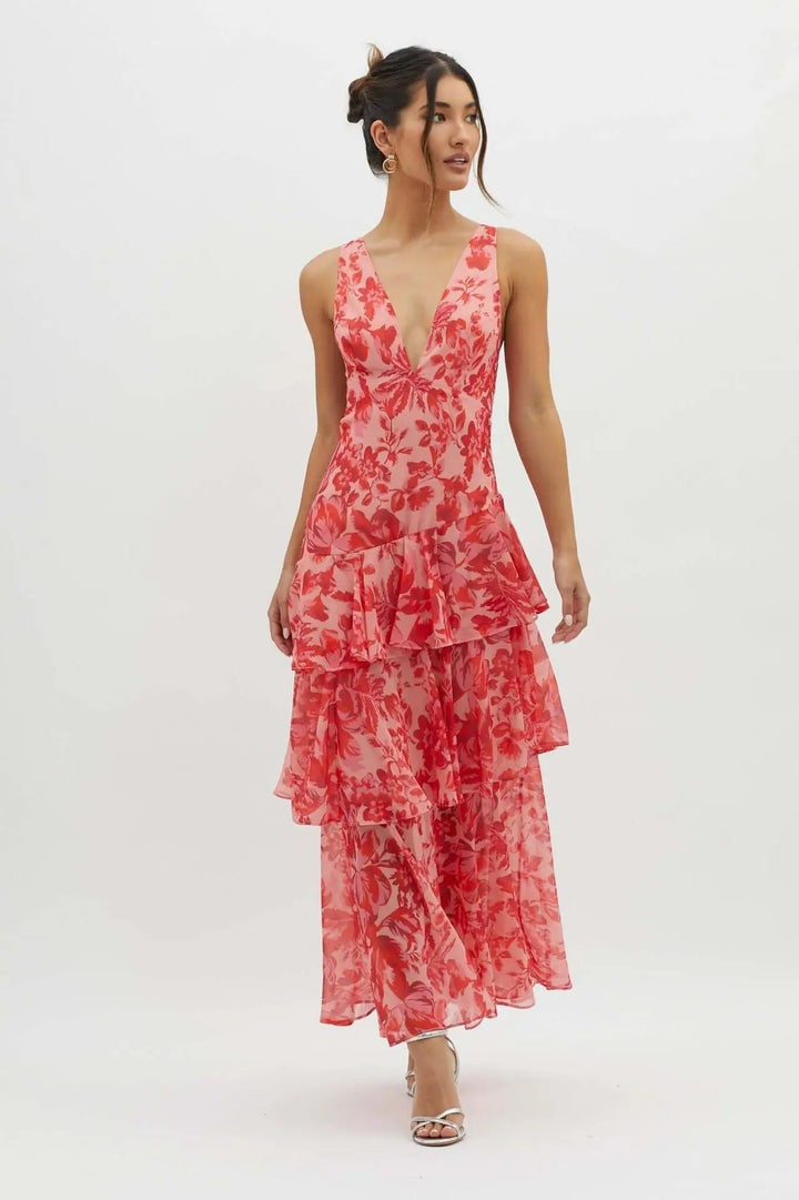 Robe Maxi Sans Manches pour Femmes avec Décolleté V Profond, Volants et Bretelles Croisées au Dos