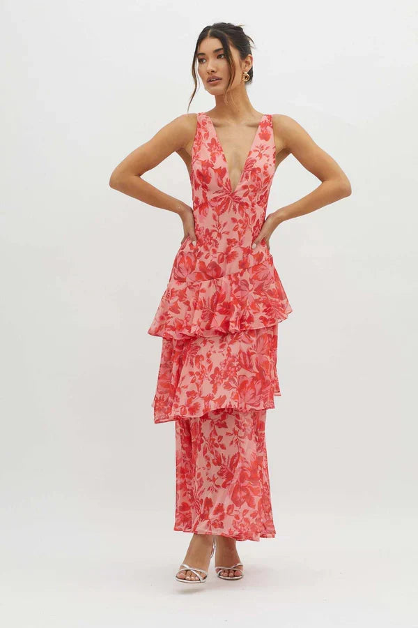 Robe Maxi Sans Manches pour Femmes avec Décolleté V Profond, Volants et Bretelles Croisées au Dos