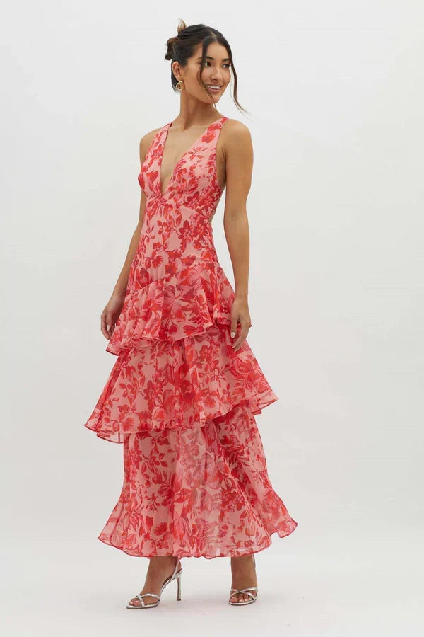 Robe Maxi Sans Manches pour Femmes avec Décolleté V Profond, Volants et Bretelles Croisées au Dos