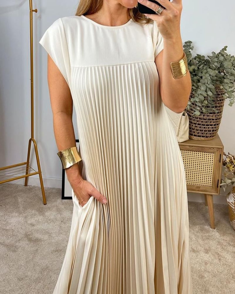 Robe maxi plissée sans manches pour femmes avec col rond et poche latérale