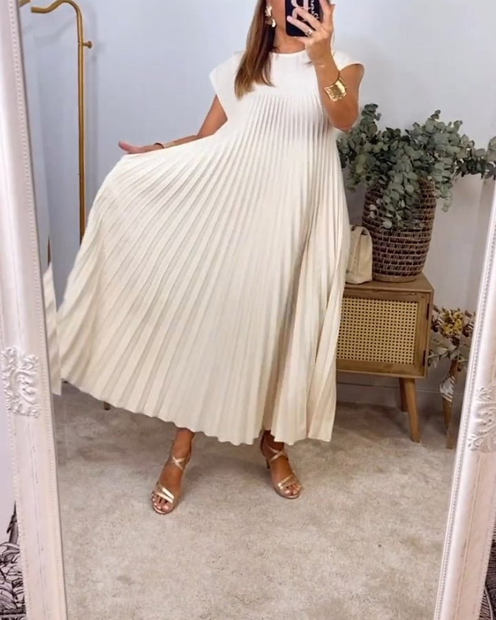 Robe maxi plissée sans manches pour femmes avec col rond et poche latérale