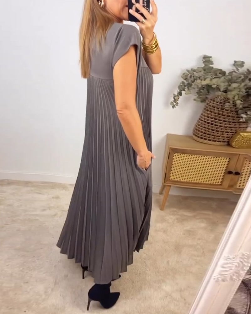 Robe maxi plissée sans manches pour femmes avec col rond et poche latérale