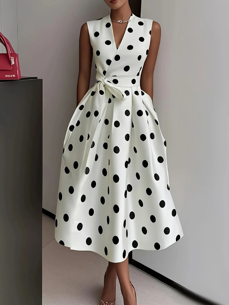 Robe portefeuille sans manches pour femmes avec décolleté en V, motif à pois, ceinture à nouer et jupe midi