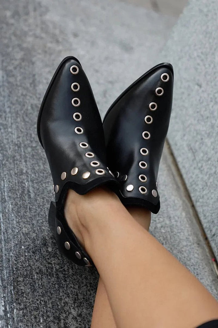 Charlotte | Bottines pour femmes noires à talon bloc avec pointes et clous