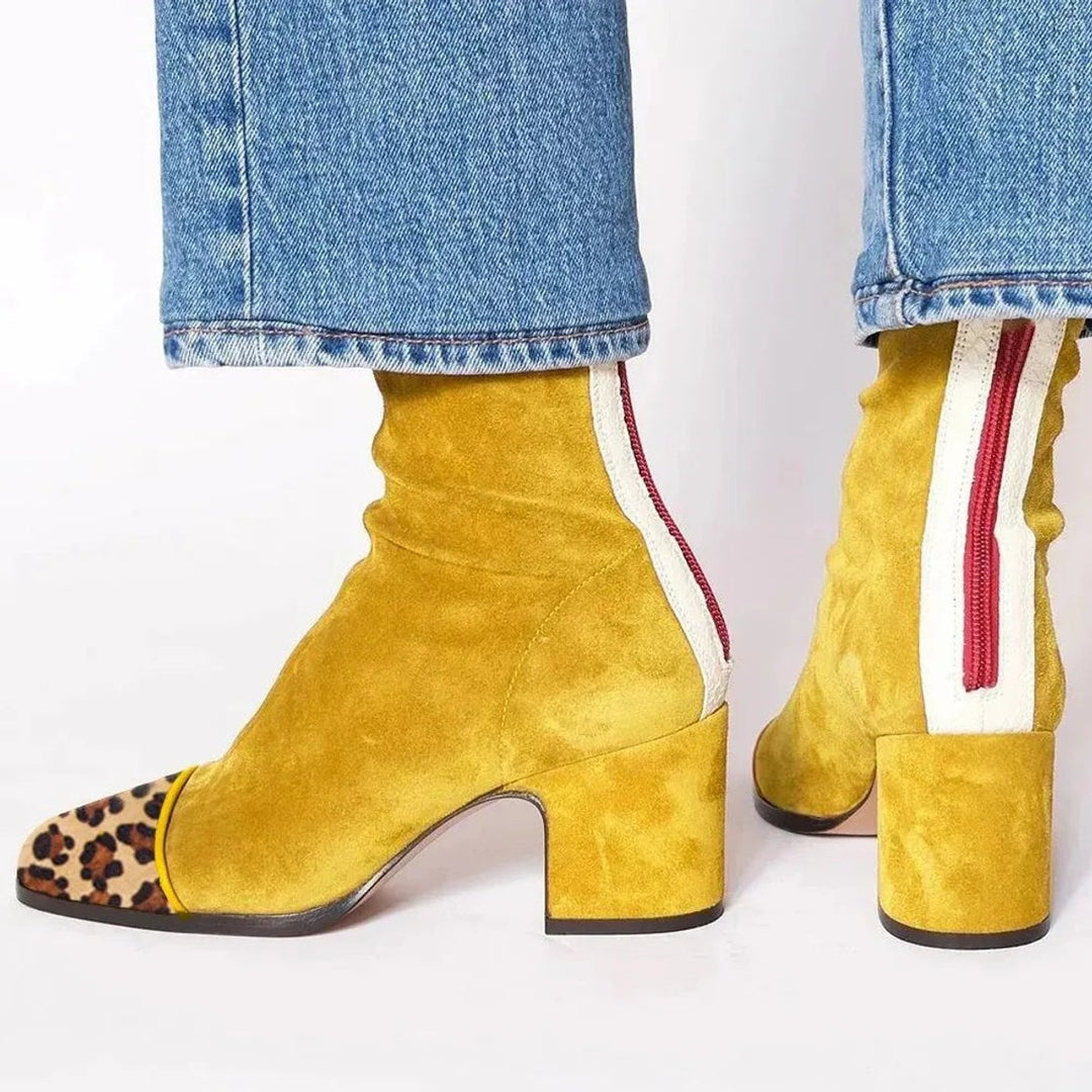 Lena | Bottines pour femmes en velours à talon bloc motif léopard avec zip