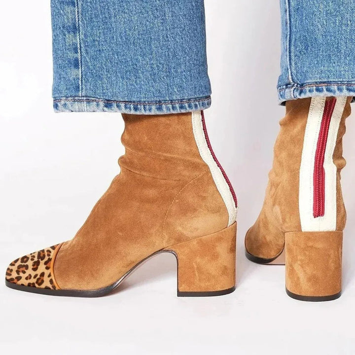 Lena | Bottines pour femmes en velours à talon bloc motif léopard avec zip
