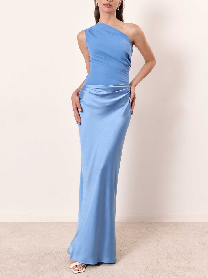 Robe Maxi Asymétrique pour Femmes avec Bretelle Unique et Haut Drapé avec Fronces à la Taille
