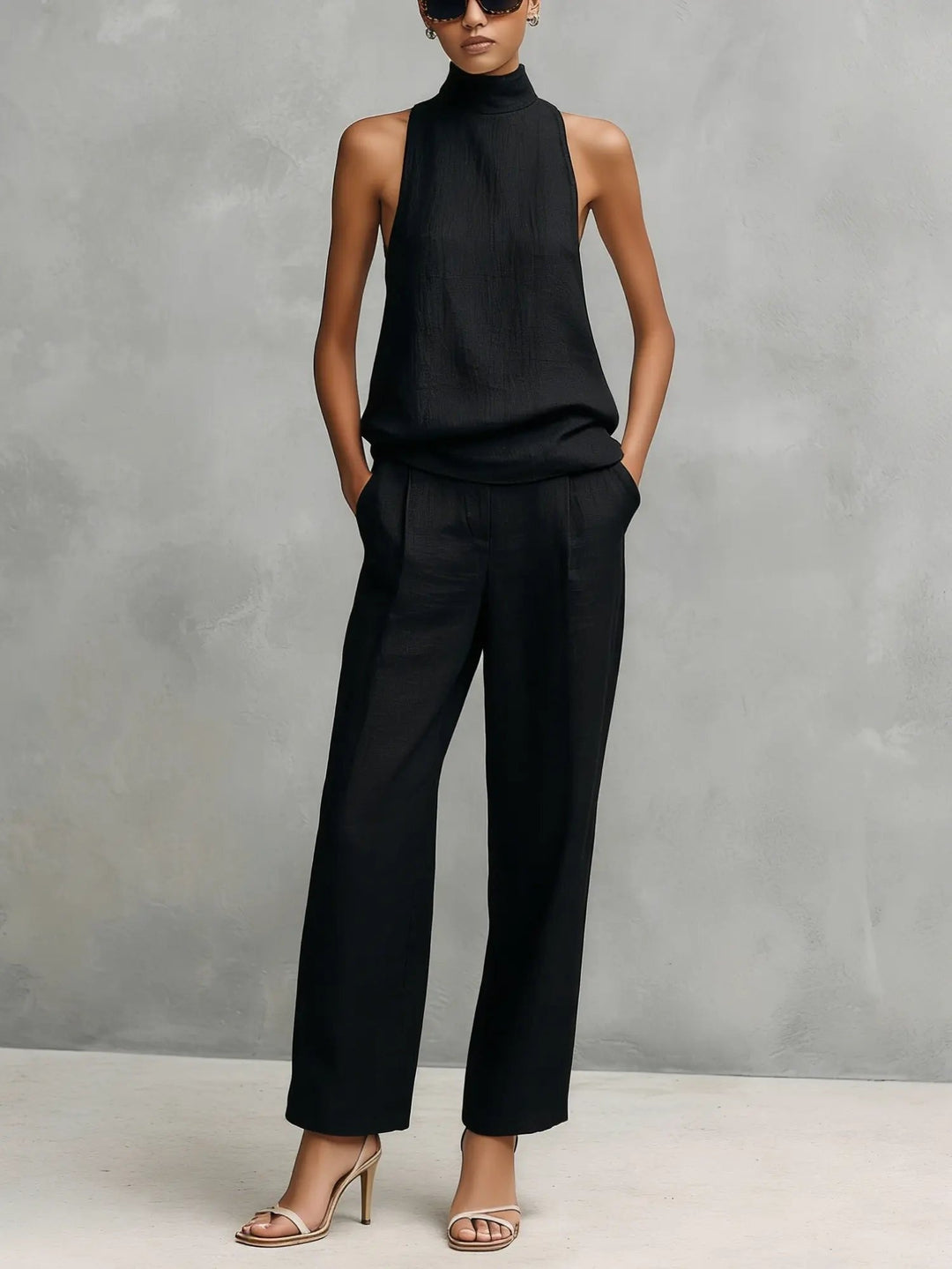 Clara | Ensemble Top Sans Manches Col Montant et Pantalon en Coton-Lin pour Femmes