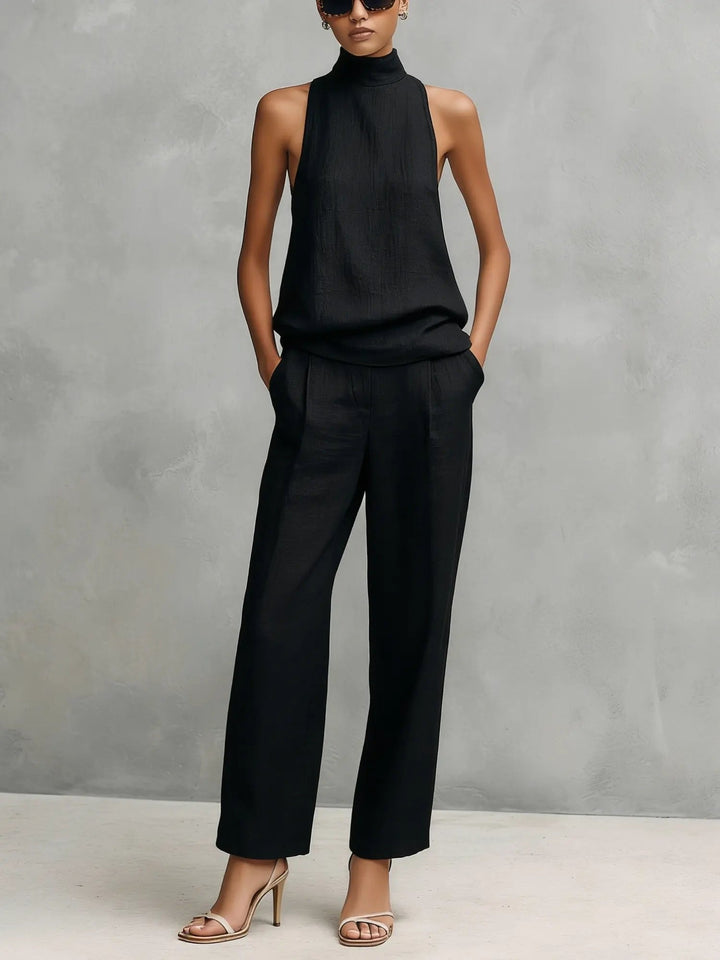 Clara | Ensemble Top Sans Manches Col Montant et Pantalon en Coton-Lin pour Femmes