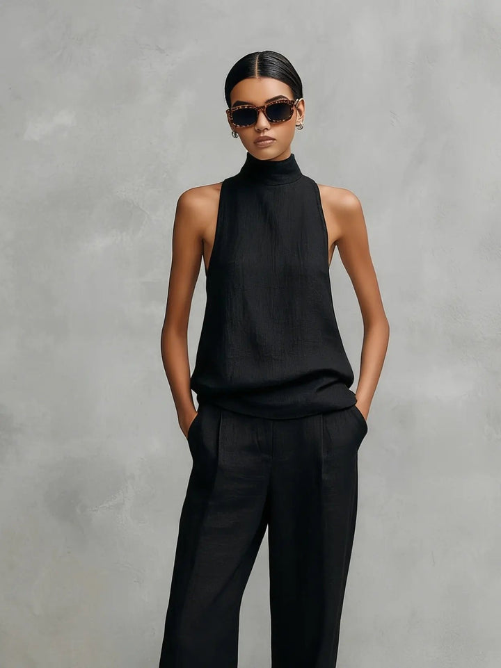 Clara | Ensemble Top Sans Manches Col Montant et Pantalon en Coton-Lin pour Femmes
