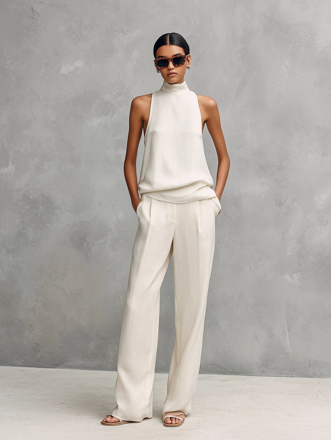 Clara | Ensemble Top Sans Manches Col Montant et Pantalon en Coton-Lin pour Femmes