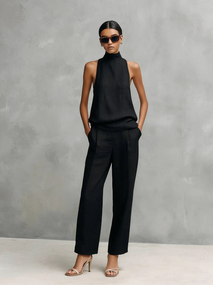 Clara | Ensemble Top Sans Manches Col Montant et Pantalon en Coton-Lin pour Femmes